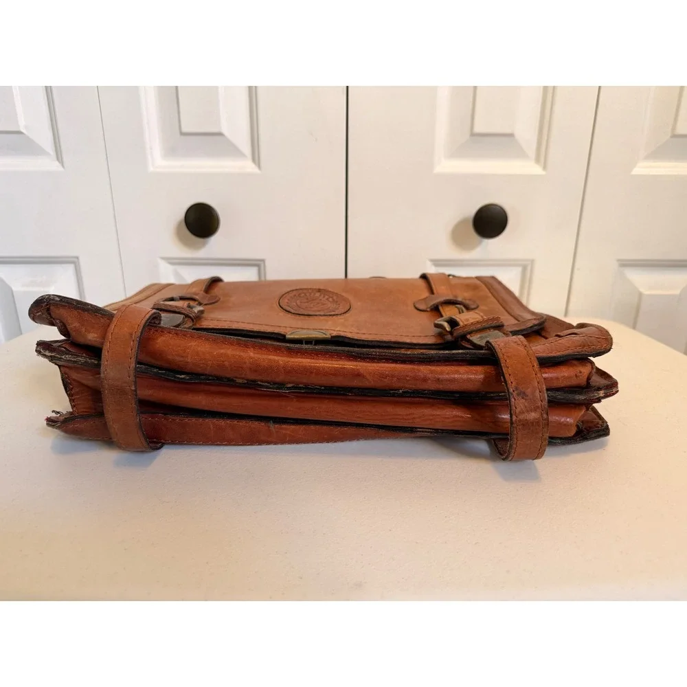 Leon Yamamoto Vintage Tan Leather Satchel Messenger Bag Mens Brown /Red Plaid